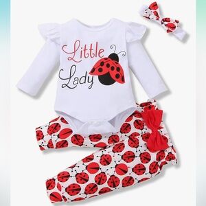 Little Ladybug longsleeve onsie, jogger and headband set 3-6 months